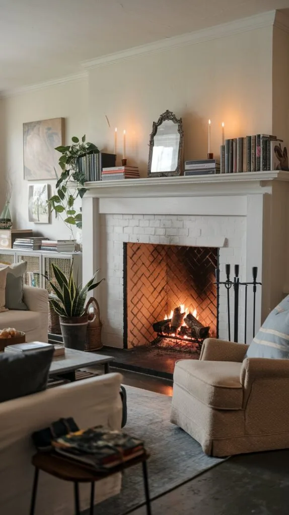 Cozy living room with a fireplace, books, plants, and warm lighting for a welcoming atmosphere.