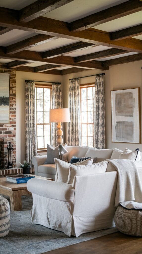 Cozy living room with beige sofas, wooden beams, and natural light from large windows, featuring a warm ambiance.