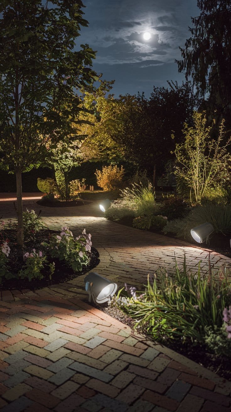 Illuminated garden pathway at night, featuring brick paving, trees, flowers, and a bright full moon in the sky.