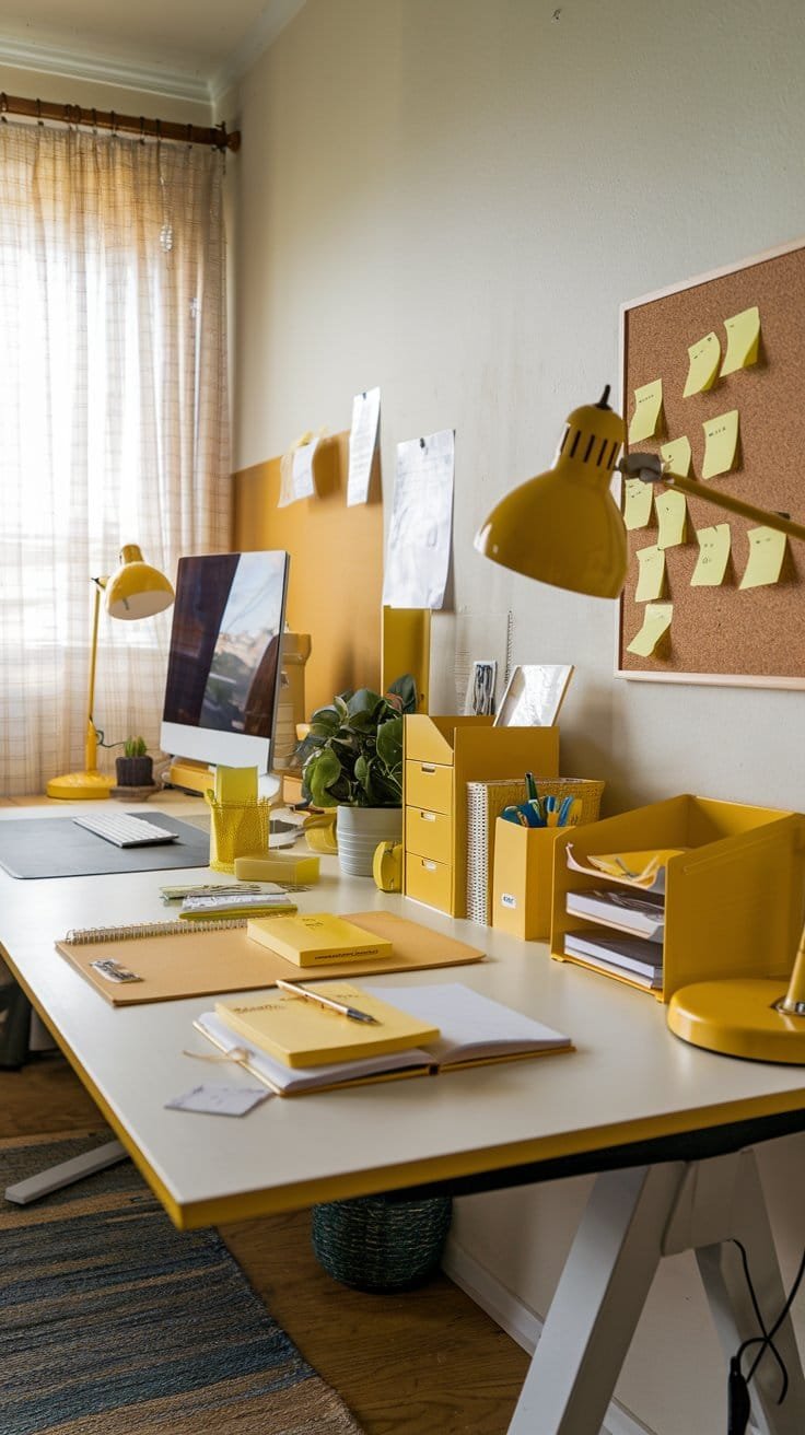 Bright, organized workspace featuring yellow decor, a desk, computer, plants, and stationery for productivity and creativity.