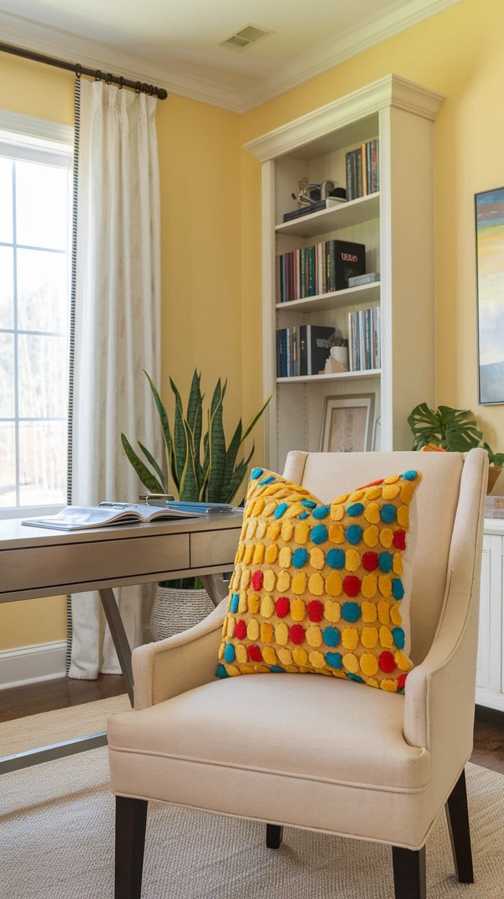 Cozy home office featuring a chair with a vibrant yellow, blue, and red textured pillow, surrounded by books and greenery.