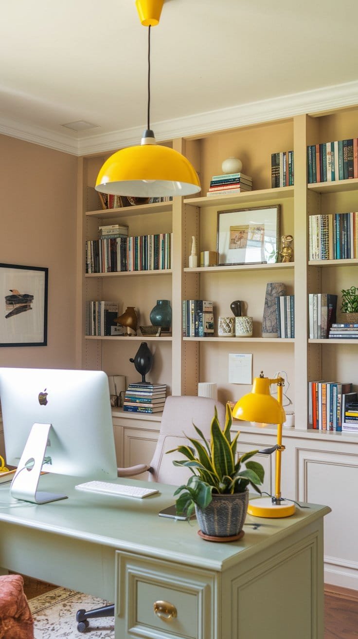 Modern home office with yellow decor, bookshelves filled with books, computer setup, and indoor plants for a vibrant workspace.