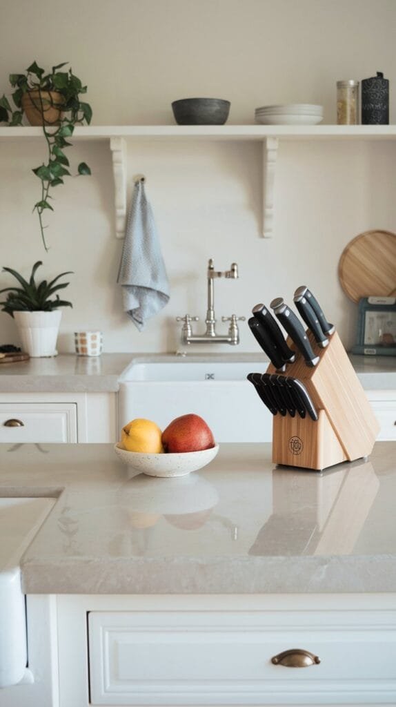 Kitchen countertop featuring a knife block, colorful fruit bowl, and stylish decor in a modern kitchen setting.