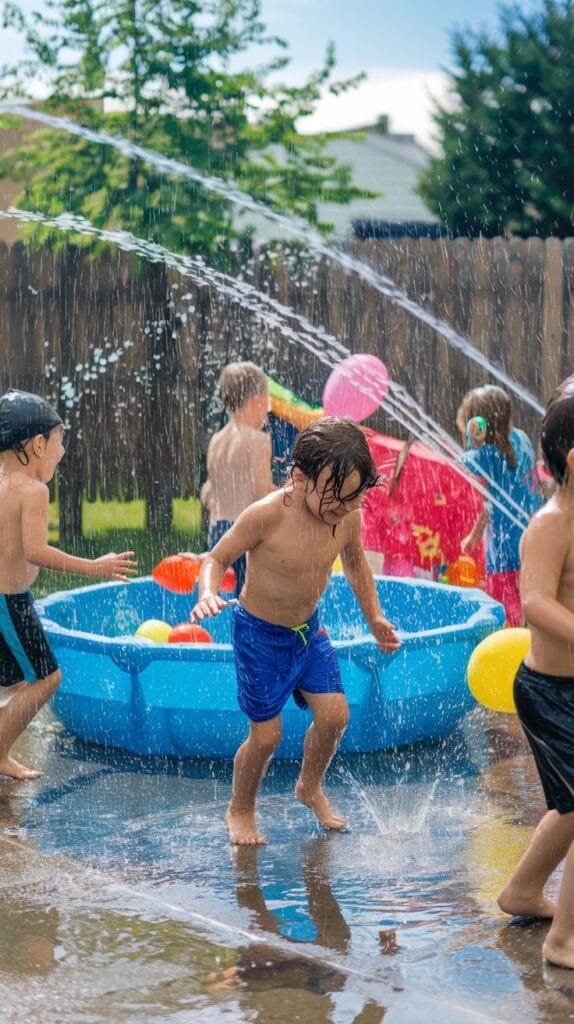 Children playing in a backyard water spray, enjoying summer fun with a small inflatable pool and colorful balloons.
