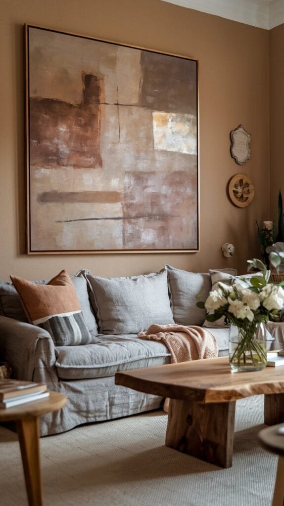 Cozy living room featuring a large textured painting, soft sofa, wooden coffee table, and a vase of flowers.