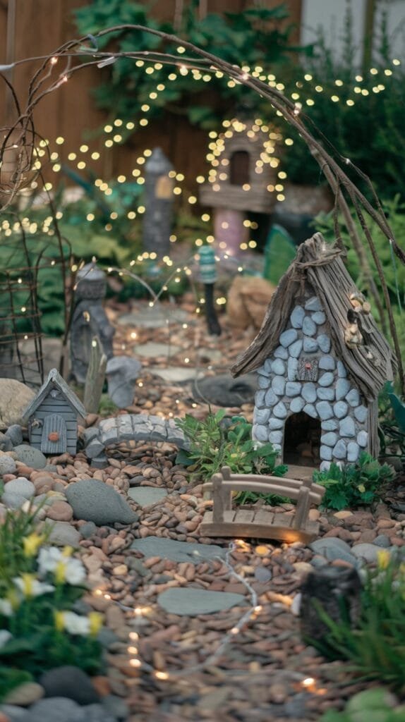 Whimsical miniature garden featuring stone houses, decorative bridge, pebbled walkway, and fairy lights for enchanting ambiance.