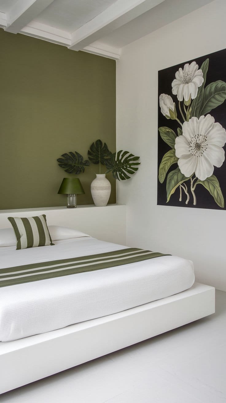 Modern bedroom featuring green accent wall, floral artwork, minimalist decor, and striped bedding for a calming aesthetic.