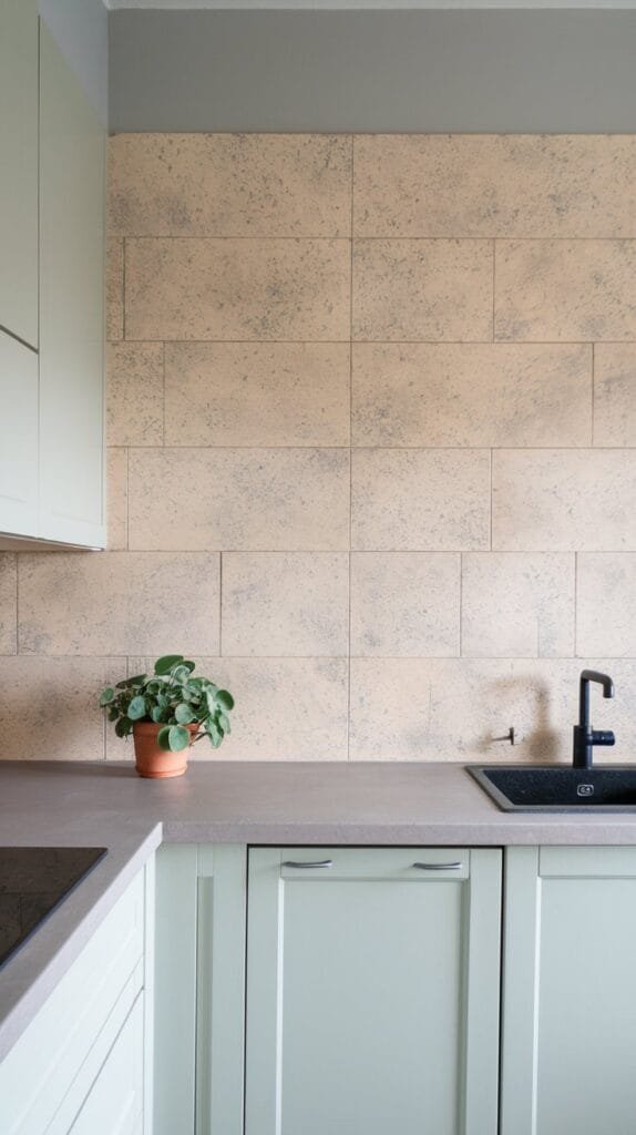 Modern kitchen featuring pastel green cabinets, a black sink, and a decorative potted plant against textured wall tiles.