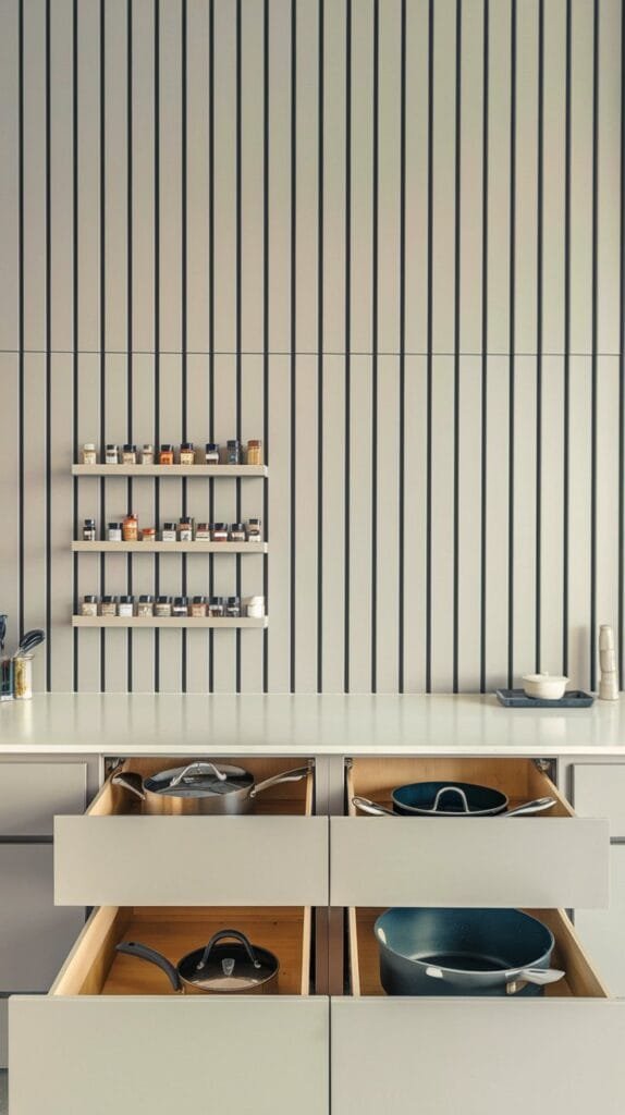 Modern kitchen with organized drawers, pots, and a spice rack on a textured wall, showcasing minimalist design.