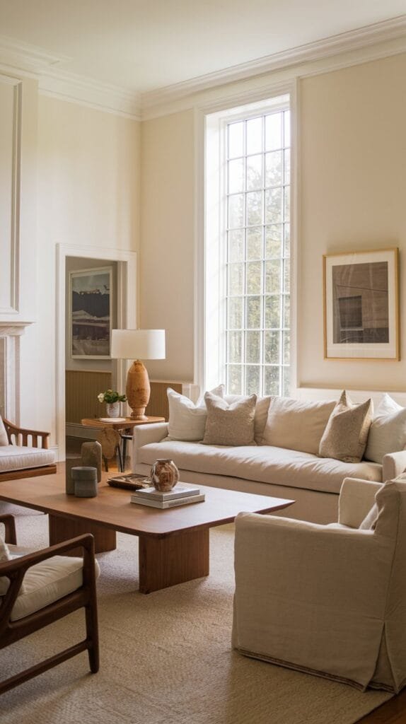a-photo-of-a-nancy-meyers-style-living-room-with stylish-decor Modern living room featuring a light color palette, large windows, comfortable seating, and minimalist decor elements.