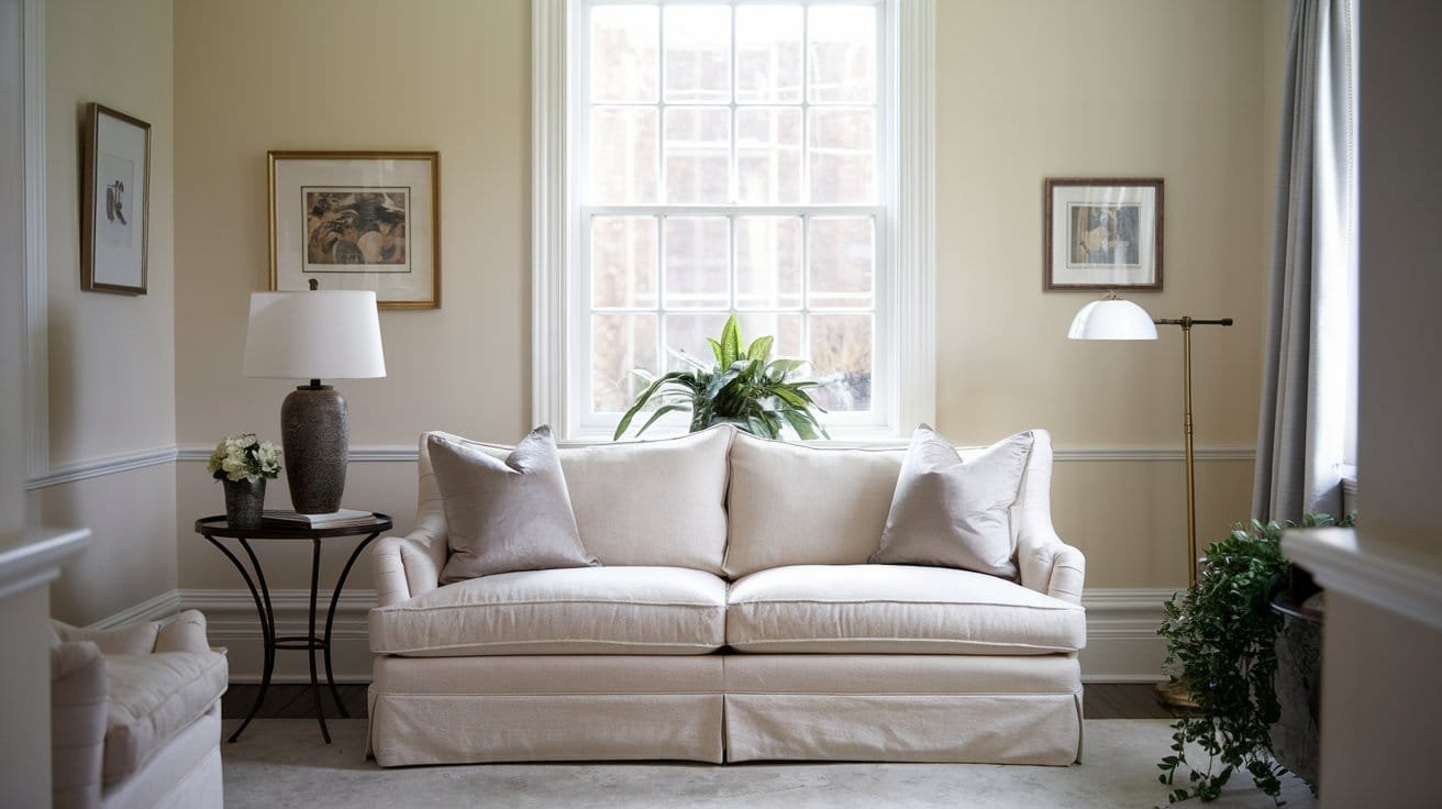Cozy living room featuring a beige sofa, decorative pillows, houseplants, and elegant lighting near a large window.