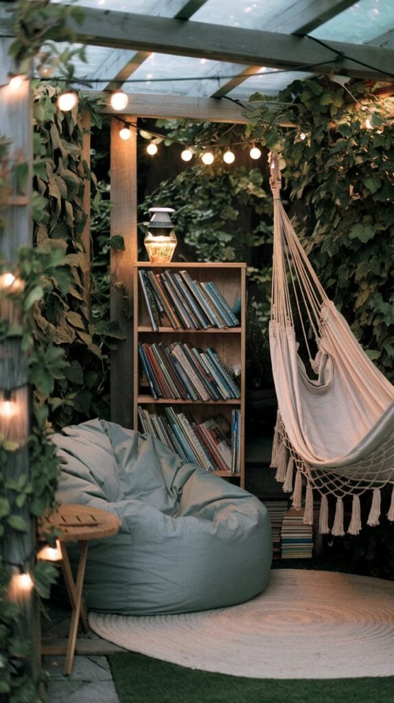 Cozy outdoor kids backyard reading nook with a hammock, bean bag chair, bookshelves, and ambient lighting surrounded by lush greenery.