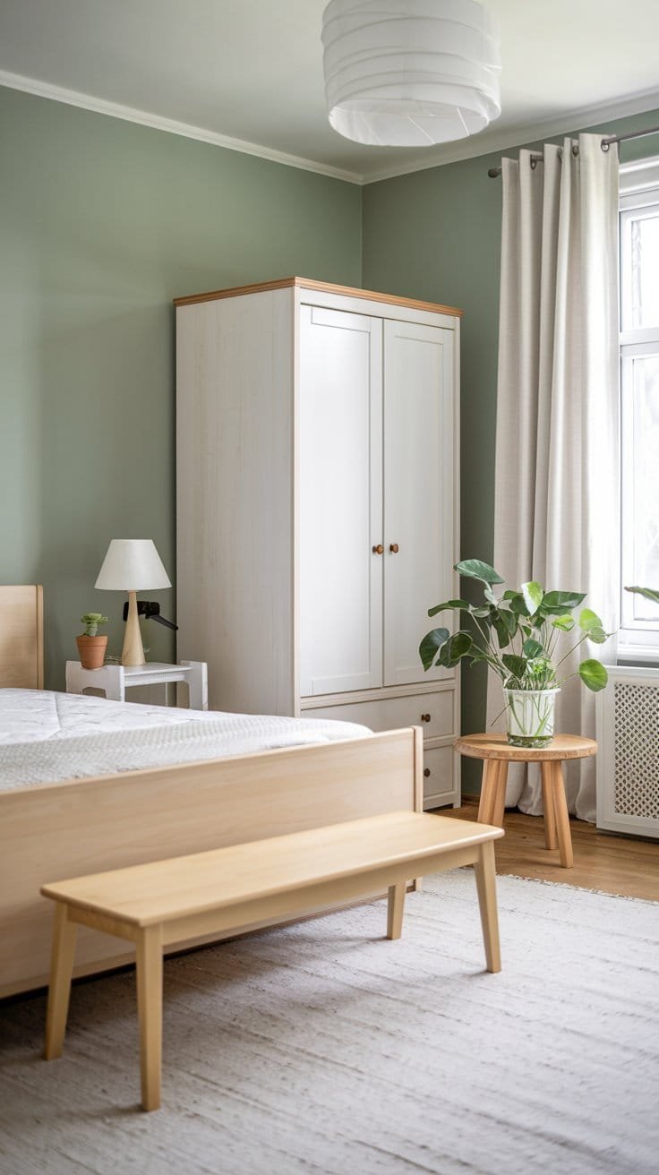 Bright and modern bedroom showcasing minimalist furniture, green walls, natural light, and decorative plants. Ideal for relaxation.