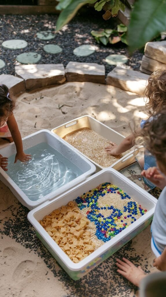 Children engaging in sensory play with water, pasta, and colorful beads in an outdoor sand area.