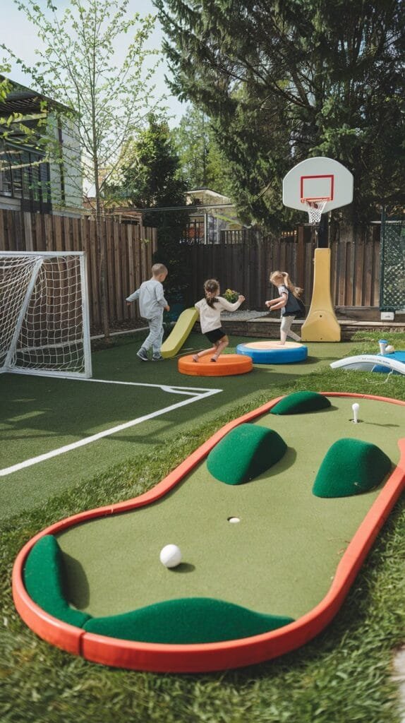 Children playing in a backyard with mini-golf, basketball, and slide on artificial grass. Family-friendly outdoor fun.