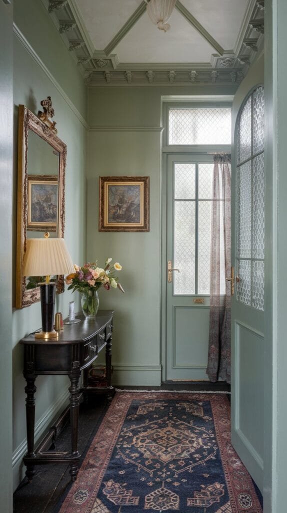 Elegant hallway featuring soft green walls and intricate ceiling details, adorned with a traditional rug and a vintage console table. Decorative mirrors and framed artwork enhance the classic ambiance, while a bouquet of flowers adds a touch of freshness. Natural light filters through the window and door, creating a warm, inviting atmosphere.