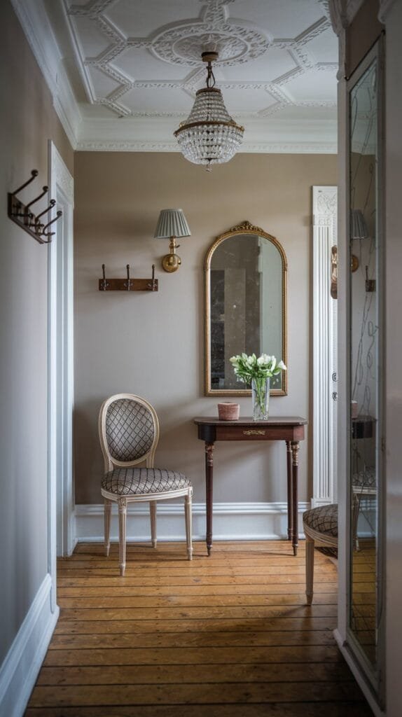 Elegant hallway featuring a chandelier, vintage chair, antique mirror, and wooden flooring, perfect for interior design inspiration.