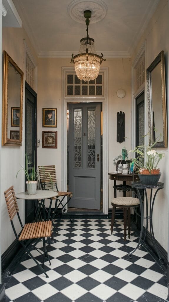 Elegant entryway featuring a decorative chandelier, vintage-style furniture, and a checkerboard floor. The space is adorned with framed artwork and mirrors, creating a welcoming atmosphere with potted plants for added charm.