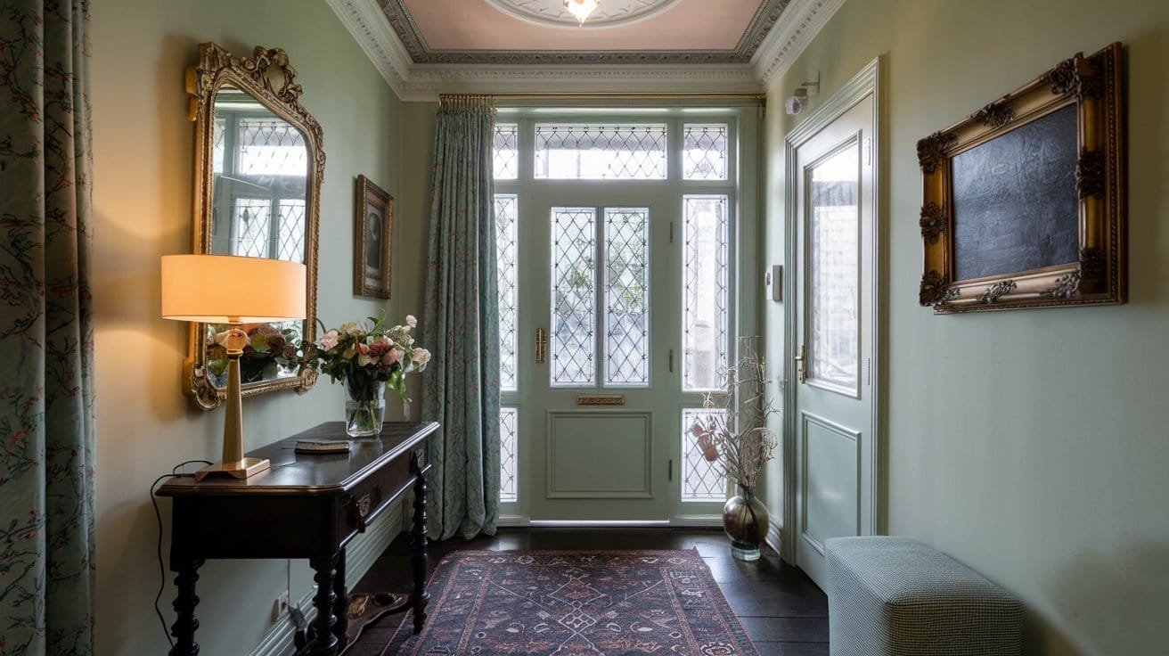 Elegant hallway featuring a vintage mirror, floral arrangement, stylish lamp, and patterned rug, providing a welcoming ambiance.