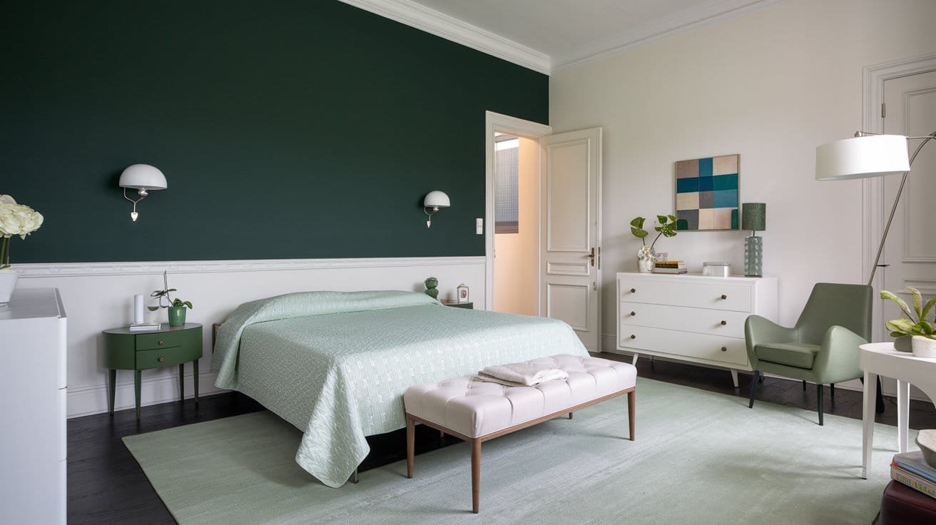 Contemporary bedroom featuring a green accent wall, stylish furnishings, and serene decor for a relaxing atmosphere.