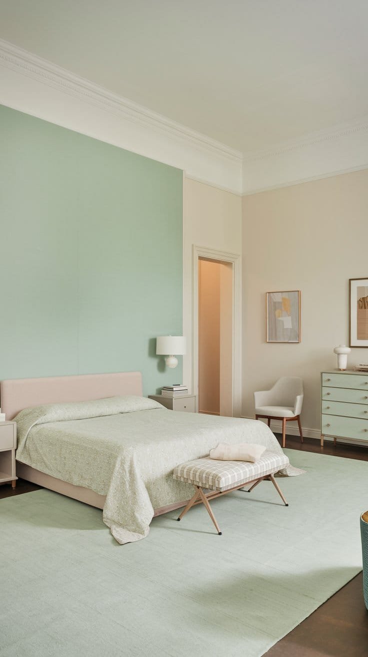 Modern bedroom interior featuring a mint-green color palette, stylish furniture, and cozy bedding for a serene atmosphere.