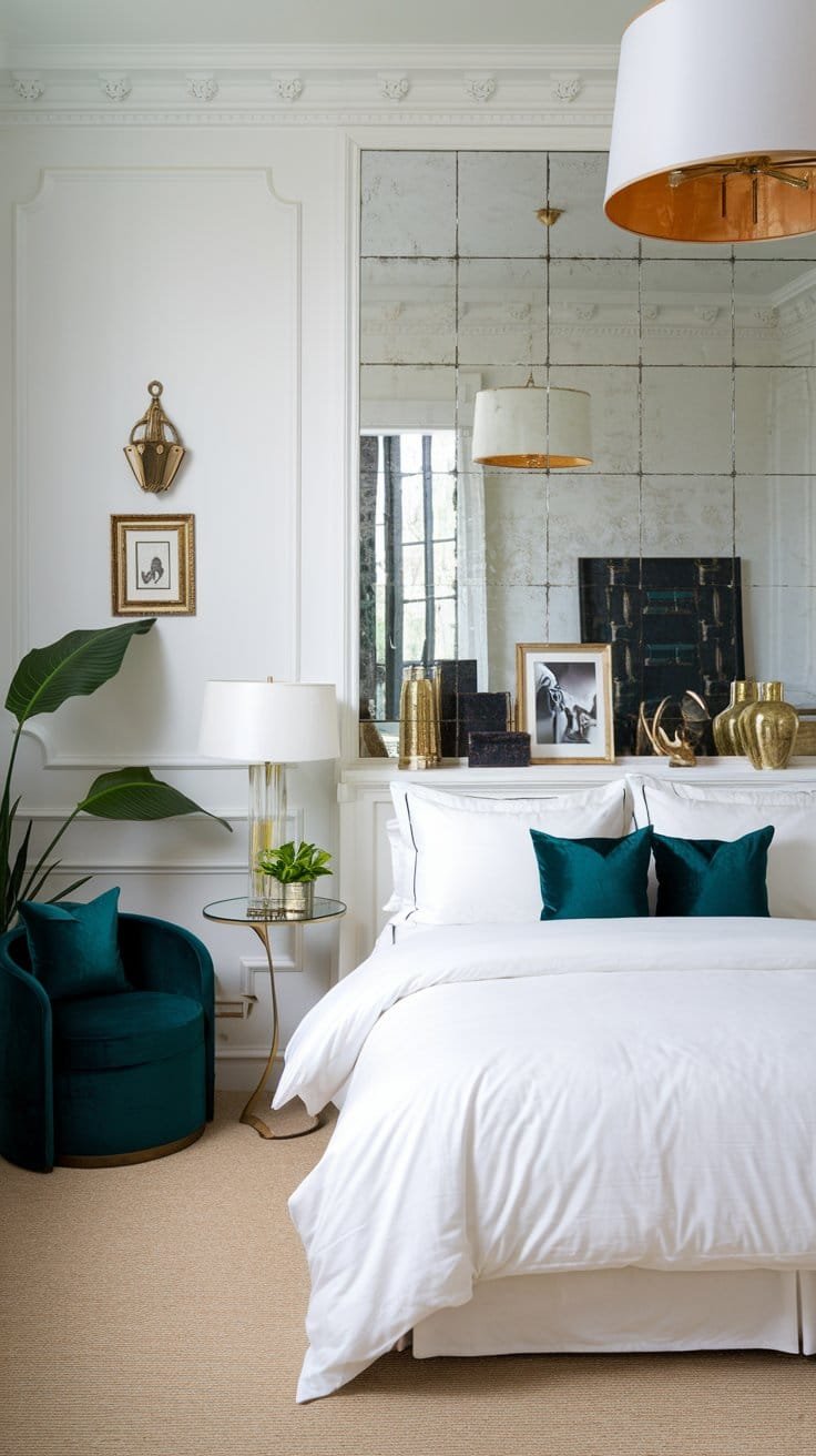 Elegant bedroom design featuring a white bed, green accents, stylish furniture, and decorative mirrors for a sophisticated atmosphere.