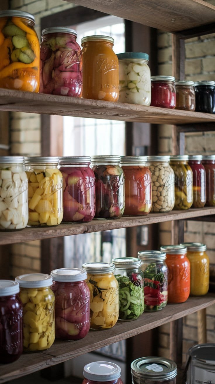 Colorful jars of preserved fruits and vegetables arranged neatly on wooden shelves, showcasing home canning techniques and vibrant food options.