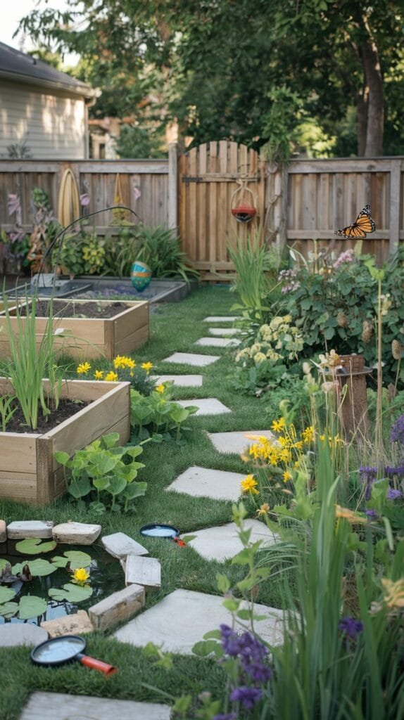 Lush kids backyard garden with raised beds, stone pathway, vibrant flowers, and a small pond, enhancing outdoor aesthetics.