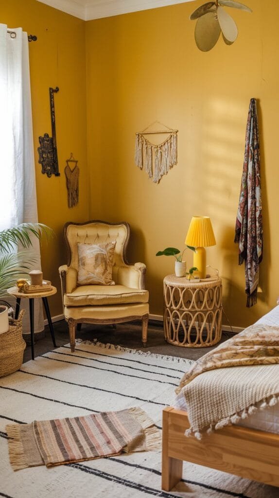 Cozy yellow bedroom featuring vintage chair, decorative wall hangings, indoor plants, and unique lighting for a warm atmosphere.