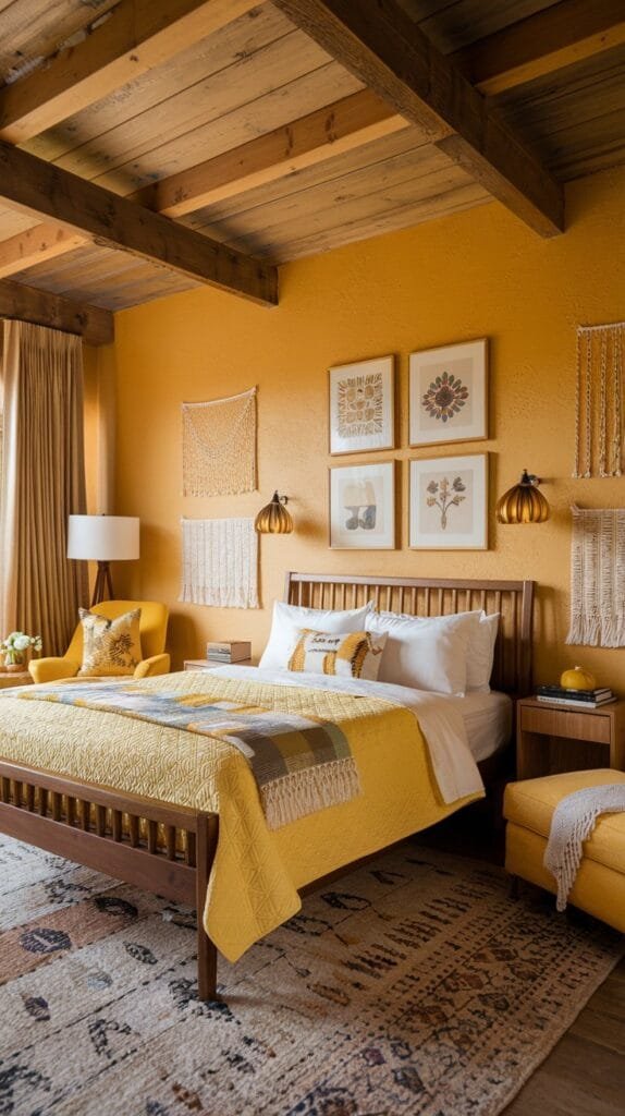 Bright yellow bedroom with wooden beams, cozy decor, and artistic wall hangings, perfect for a cheerful ambiance.