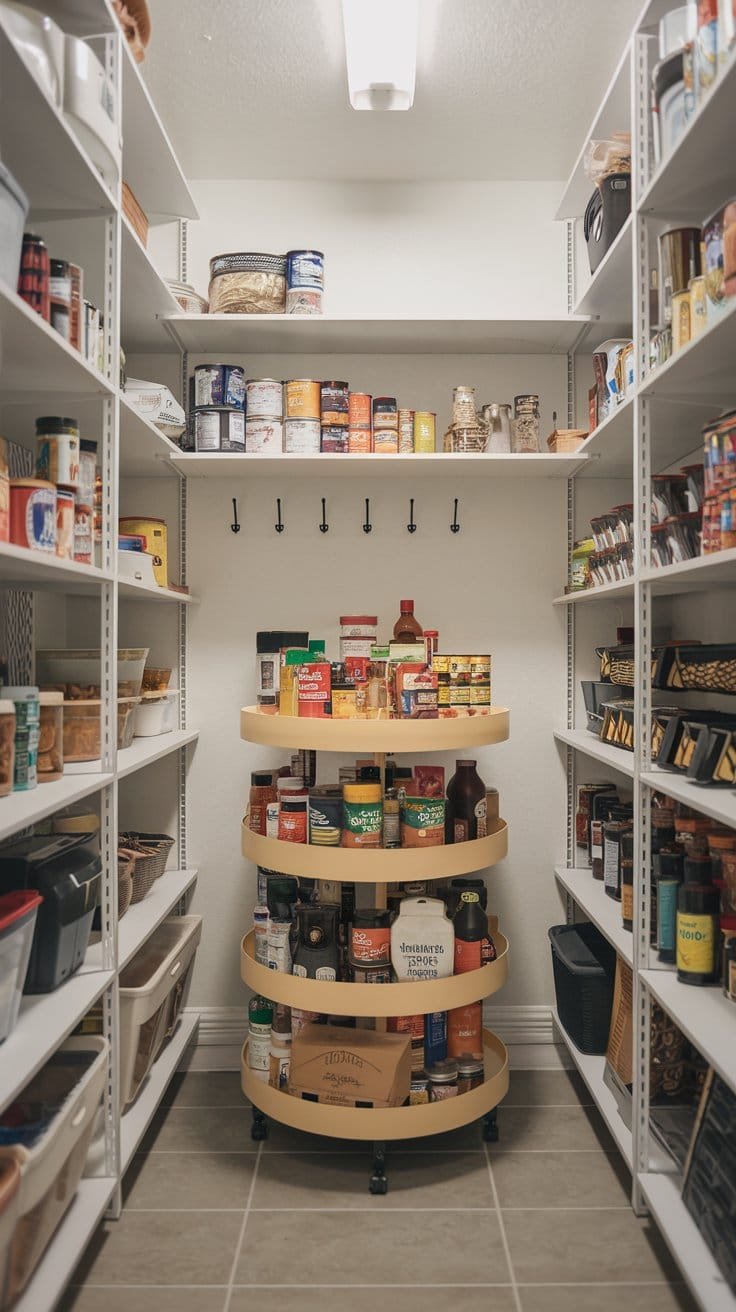 Organized pantry interior featuring shelves lined with canned goods, spices, and a rotating storage cart for easy access.