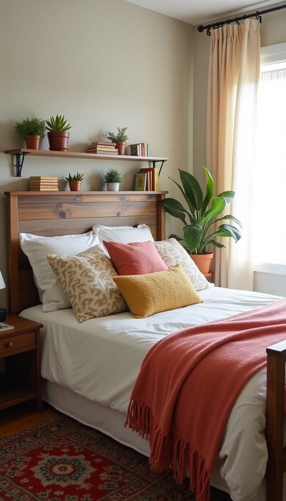 Cozy bedroom featuring a wooden bed with decorative throw pillows, a coral blanket, and bedside table. Shelves display potted plants and books, with soft curtains allowing natural light to brighten the space. Perfect for home decor inspiration.
