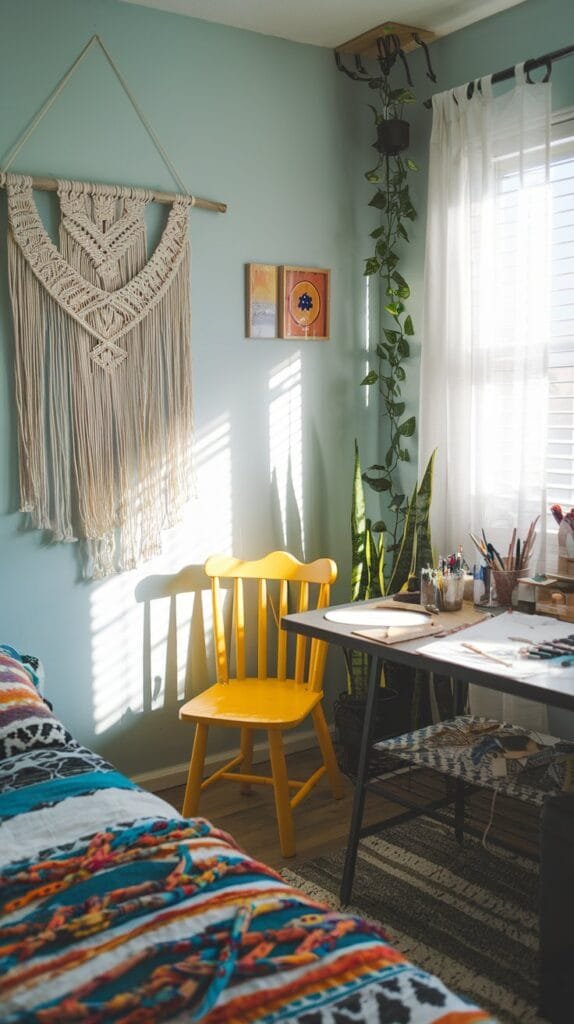Brightly lit artistic corner featuring a yellow chair, macramé wall art, and plants in a cozy room.