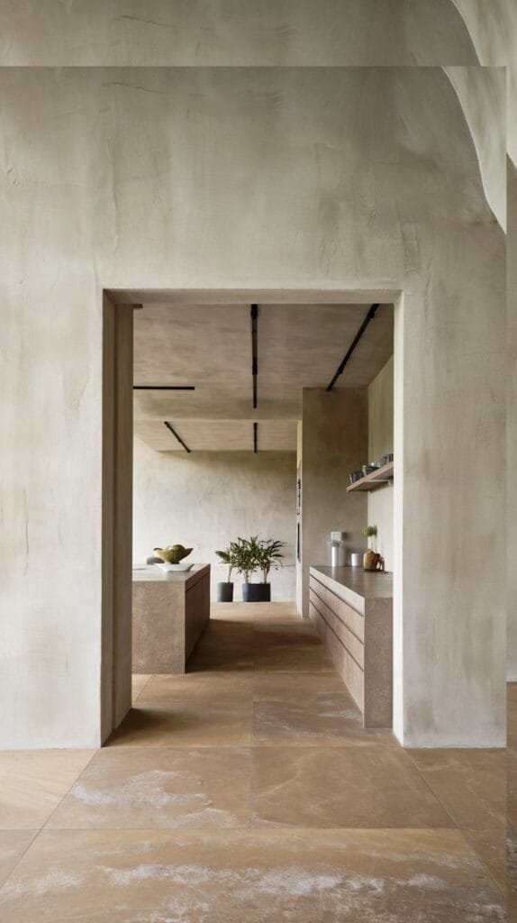 Modern kitchen design featuring beige walls, stone flooring, and minimalistic cabinetry with potted plants and natural light.
