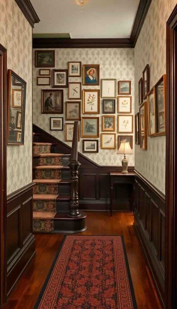 Interior view of a vintage-style hallway showcasing a staircase with ornate wooden railing, lined with framed artwork and botanical prints on the walls, and a decorative area rug. A table with a lamp is positioned at the bottom of the stairs, enhancing the warm ambiance of the space.