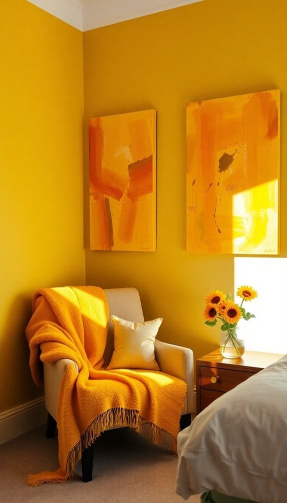Cozy corner with yellow walls, abstract art, a chair draped in a blanket, and a vase of sunflowers.