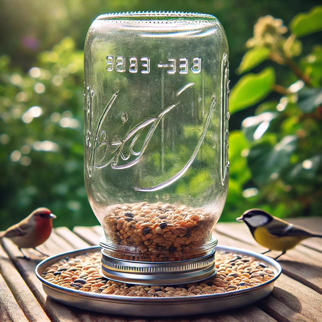 Bird feeder with mixed seeds in glass jar, surrounded by colorful birds and greenery in a natural setting.