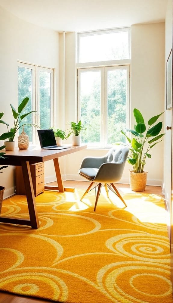Bright home office with a stylish desk, modern chair, and lush indoor plants on a vibrant yellow rug.