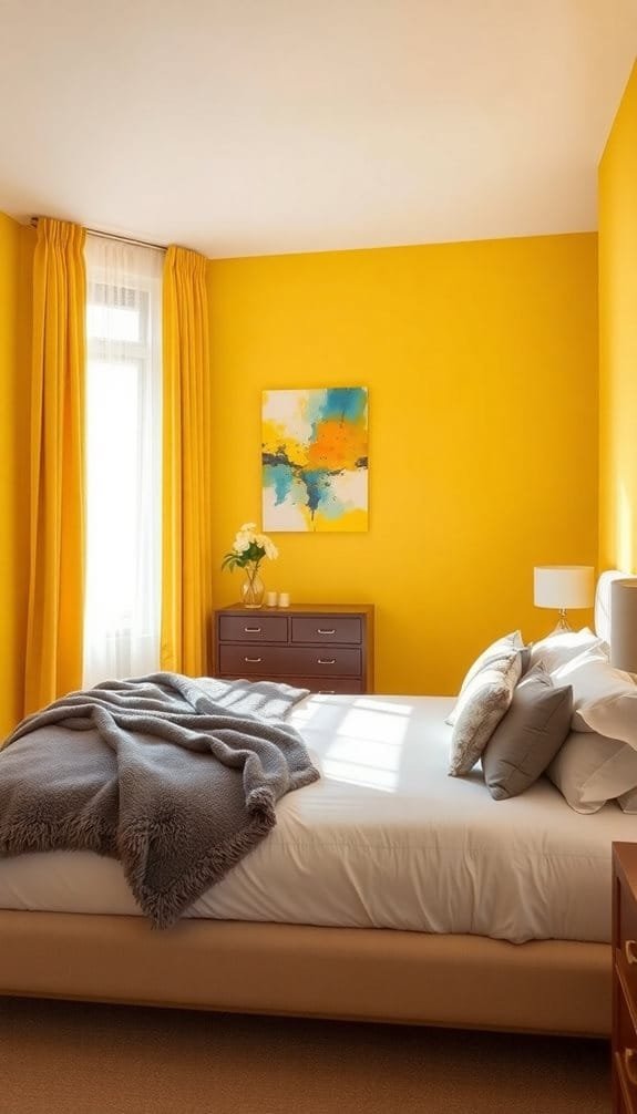 Bright yellow bedroom featuring a cozy bed, decorative pillows, artwork, and natural light highlighting the warm decor.