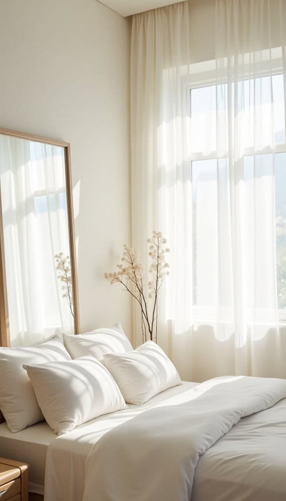 Bright and cozy bedroom featuring a white bed with fluffy pillows, sheer curtains allowing natural light, and a decorative plant next to a mirror. Ideal for relaxation and modern home design inspiration.