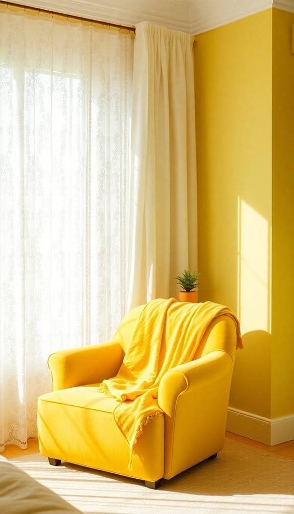 Bright yellow armchair with a blanket, near sheer curtains and a potted plant in a sunlit room.
