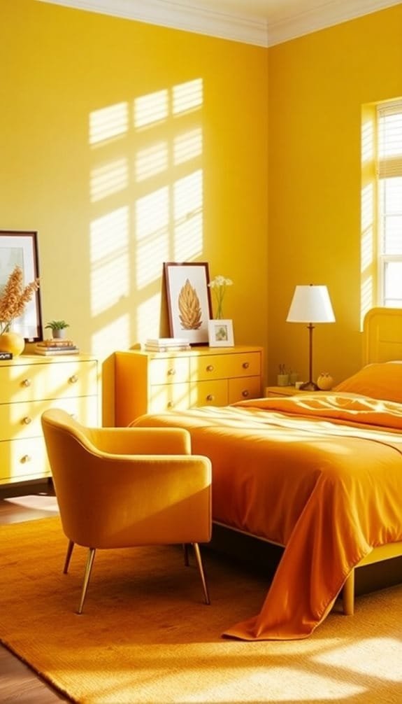 Cozy yellow bedroom featuring sunlit walls, matching furniture, bright bedding, and stylish decor for a cheerful atmosphere.