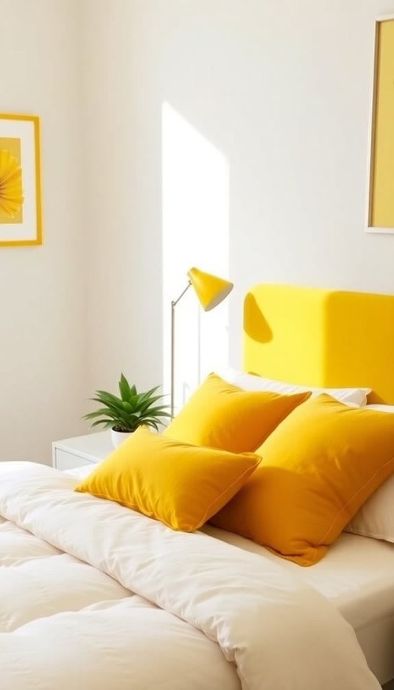Bright modern bedroom featuring yellow pillows, accent lamp, and indoor plant on a white bedspread for a cheerful ambiance.