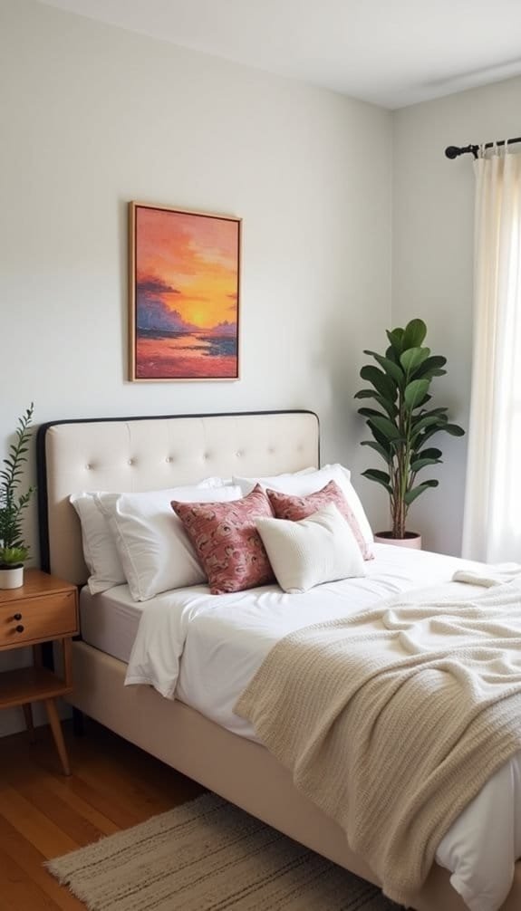 Modern bedroom featuring a plush bed with white bedding and decorative pillows, complemented by a cozy knit throw. A stylish piece of sunset artwork hangs above the bed, alongside a tall indoor plant and a wooden nightstand, adding warmth and character to the inviting space. Sunlight streams through sheer curtains, enhancing the room's bright and airy ambiance.