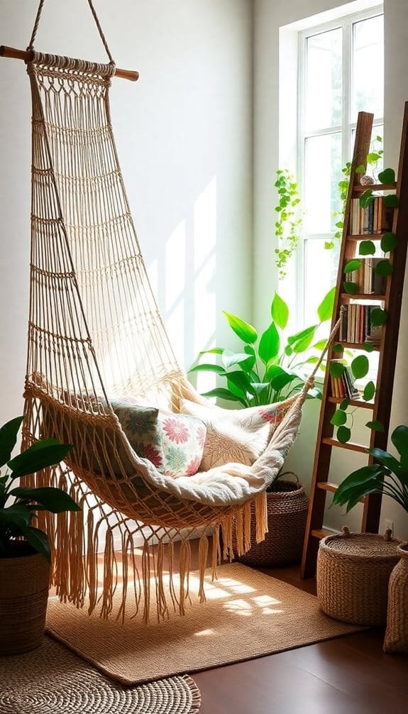 Cozy boho-style hammock in a sunlit room surrounded by greenery, a ladder bookshelf and natural decor elements. Perfect for relaxation.