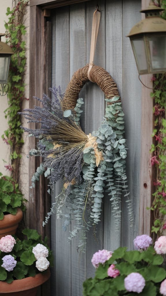 Dried eucalyptus and lavender wreath hanging on a rustic door, surrounded by blooming flowers in pots.