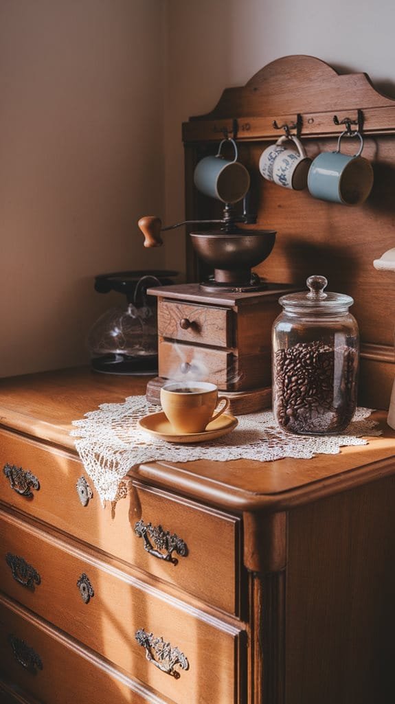 Cozy coffee setup featuring a vintage grinder, coffee beans, and a steaming cup on a wooden dresser.