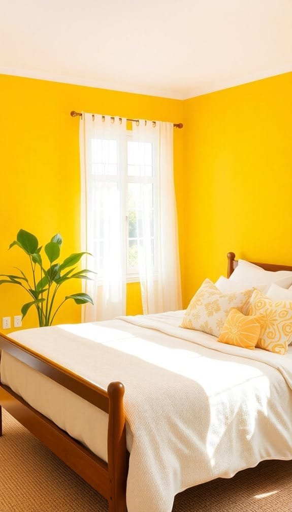 Bright yellow bedroom featuring a wooden bed, decorative pillows, and a large window with sheer curtains.