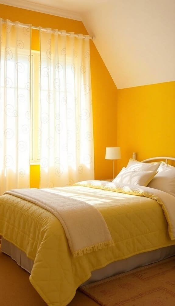 Bright yellow bedroom with cozy bedding, large windows, and soft curtains, creating a warm and inviting atmosphere.