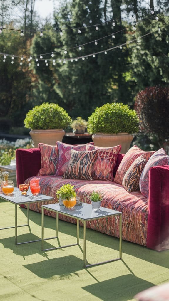 Colorful outdoor sofa with decorative pillows, drinks, and potted plants under string lights, creating a vibrant relaxation space.